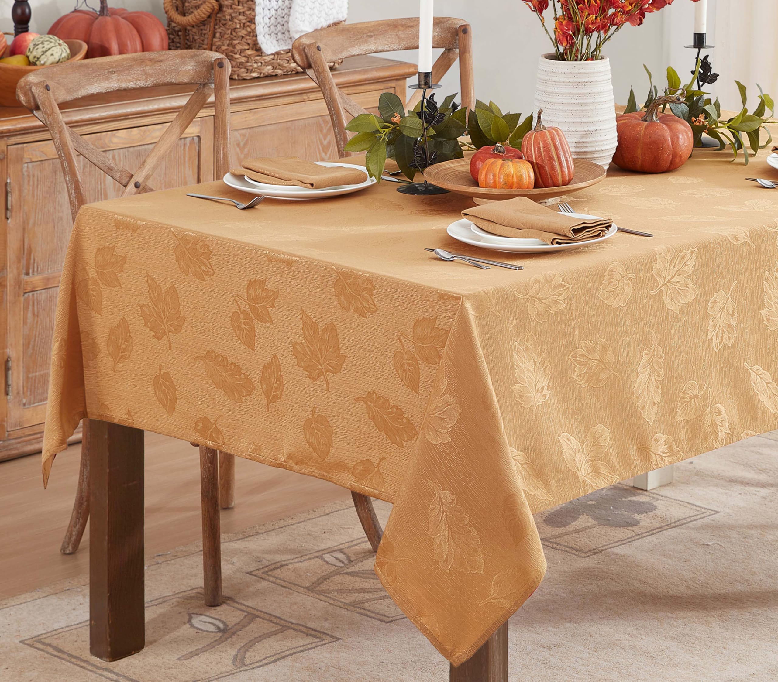 Newbridge Tremont Leaf Damask, Fabric Tablecloth, Swirling Leaves Damask, Print, Soil Resistant, Easy Care Tablecloth, 60 Inch x 144 Inch Rectangle, Gold