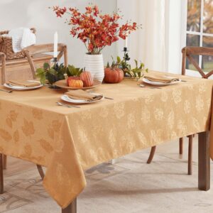 Newbridge Tremont Leaf Damask, Fabric Tablecloth, Swirling Leaves Damask, Print, Soil Resistant, Easy Care Tablecloth, 60 Inch x 144 Inch Rectangle, Gold