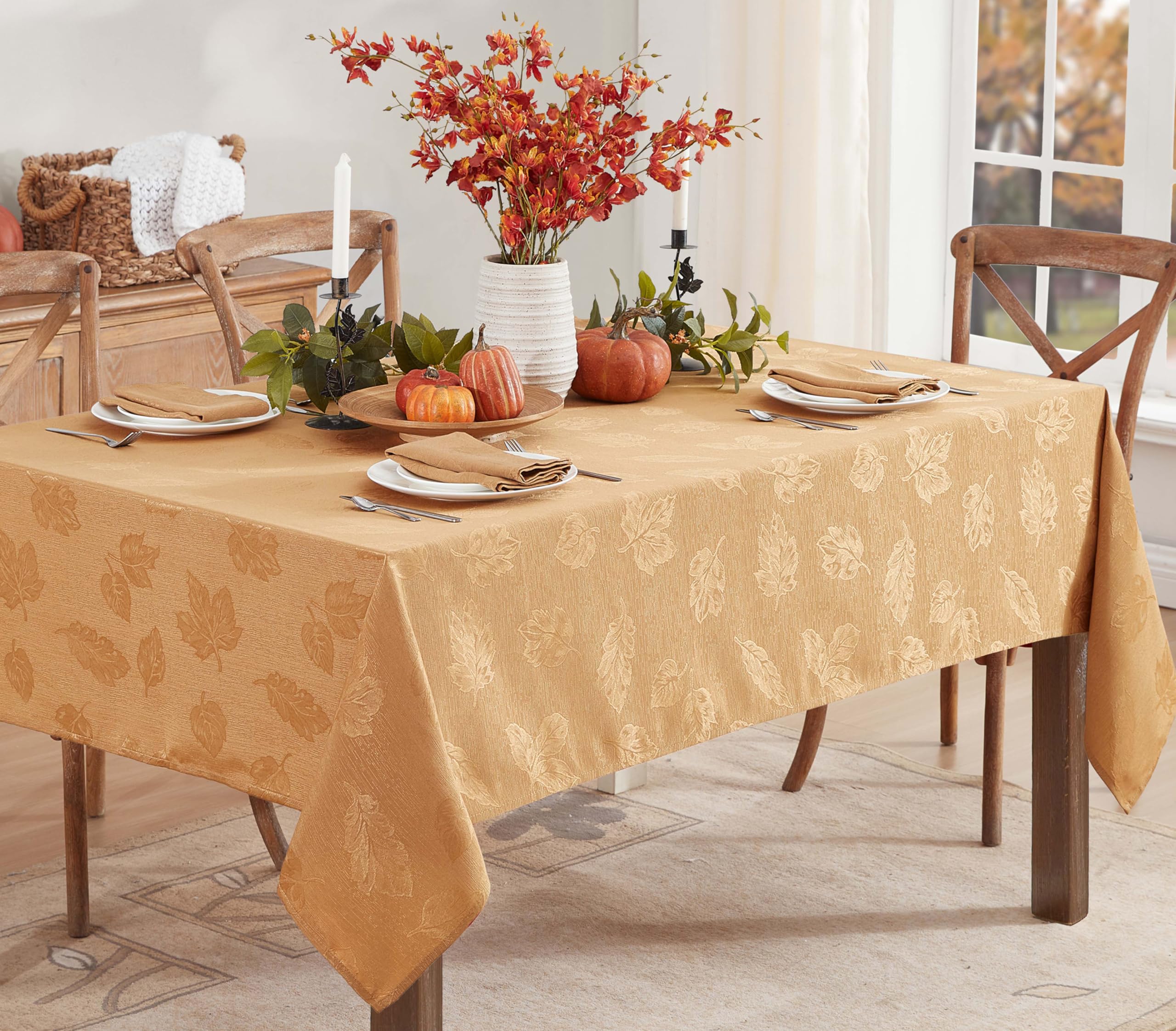 Newbridge Tremont Leaf Damask, Fabric Tablecloth, Swirling Leaves Damask, Print, Soil Resistant, Easy Care Tablecloth, 60 Inch x 144 Inch Rectangle, Gold