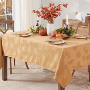 Newbridge Tremont Leaf Damask, Fabric Tablecloth, Swirling Leaves Damask, Print, Soil Resistant, Easy Care Tablecloth, 60 Inch x 144 Inch Rectangle, Gold