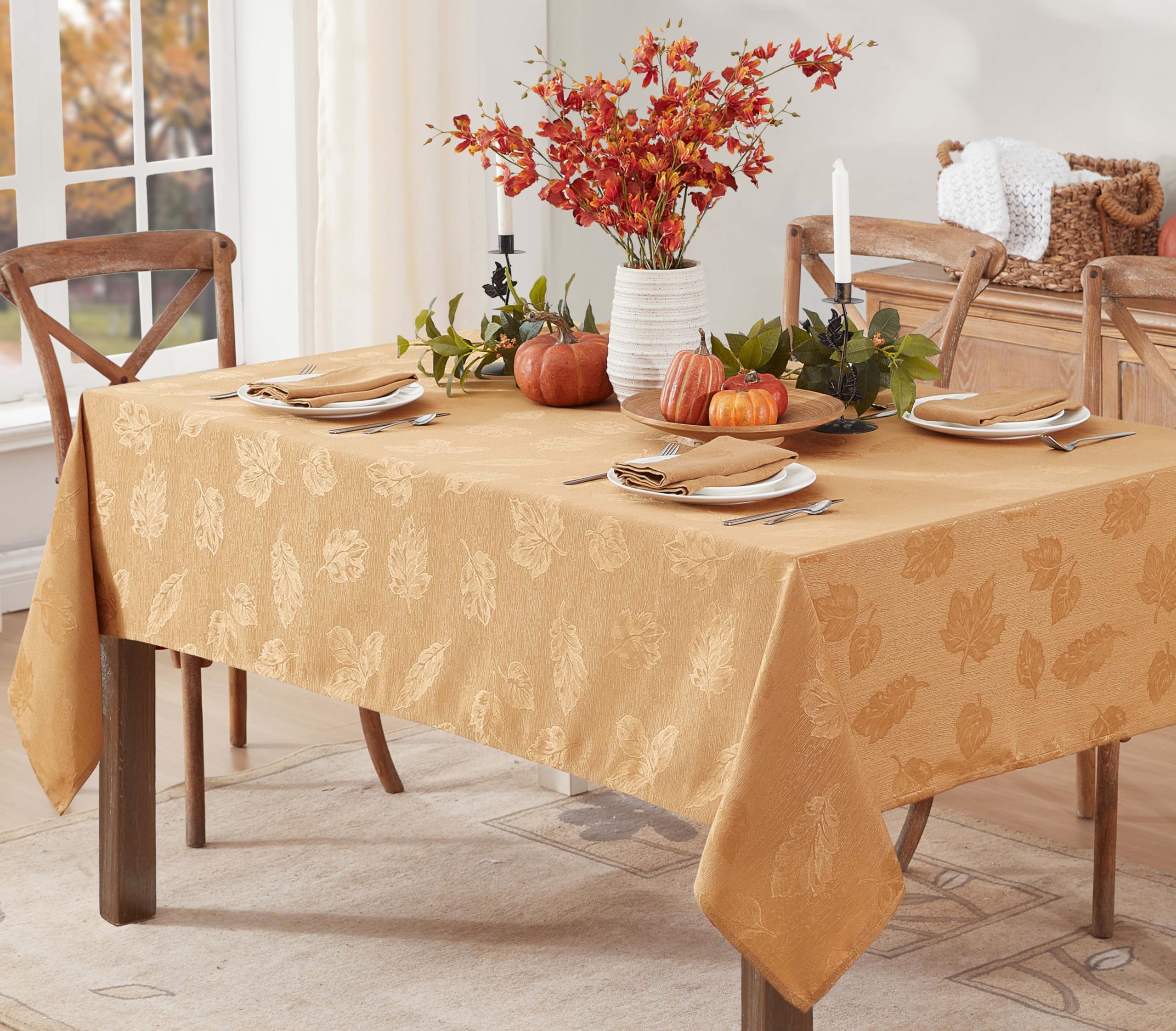 Newbridge Tremont Leaf Damask, Fabric Tablecloth, Swirling Leaves Damask, Print, Soil Resistant, Easy Care Tablecloth, 60 Inch x 144 Inch Rectangle, Gold