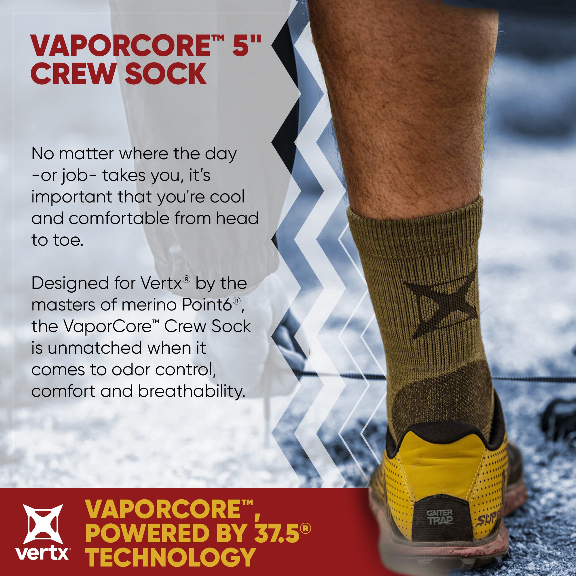 Vertx VaporCore 5" Mens Crew Socks, Moisture Wicking Merino Wool Socks, Quick Drying, Odor Control, for Tactical Hiking Sport Hunting, Athletic, Casual, Ranger Green, Medium