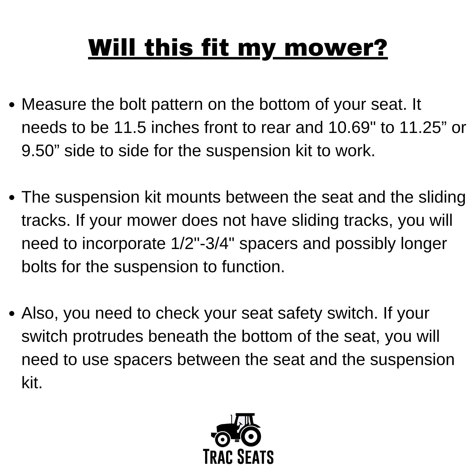 TRAC SEATS Seat Suspension Kit For Snapper Pro Ferris Cub Cadet Big Dog Yazoo Grasshopper Scag Stihl RZ Walker Ariens Simplicity Country Clipper Zero Turn Mower -