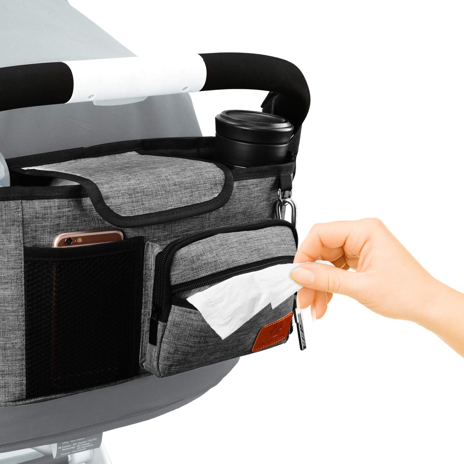 Homlynn Stroller Organizer, Parent Console Storage Bag-2 Deep Cup Holders Extra-Large Storage with Shoulder Strap, Adjustable Handlebar Strips-Fit All Stroller Models(Grey)