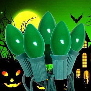 25ft halloween string lights, c7/e12 vintage lights with 27 green ceramic bulbs(2 spare) for outdoor and indoor use, fairy garden, yard, home, party, holiday, halloween decorations