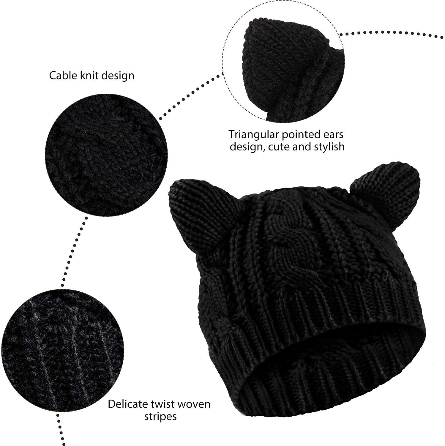 UmbWorld Women Girls Boys Teens Cute CAT Kitty Ears Knitted Crochet Cable Rib Hat Cap Beanie (Black)