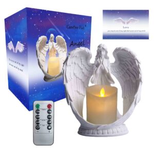 carefree fish starry sky white angel wing praying sandstone statue angel figurine prayer home decor memorial led candle holder 9inch (remote control, with timing function.)