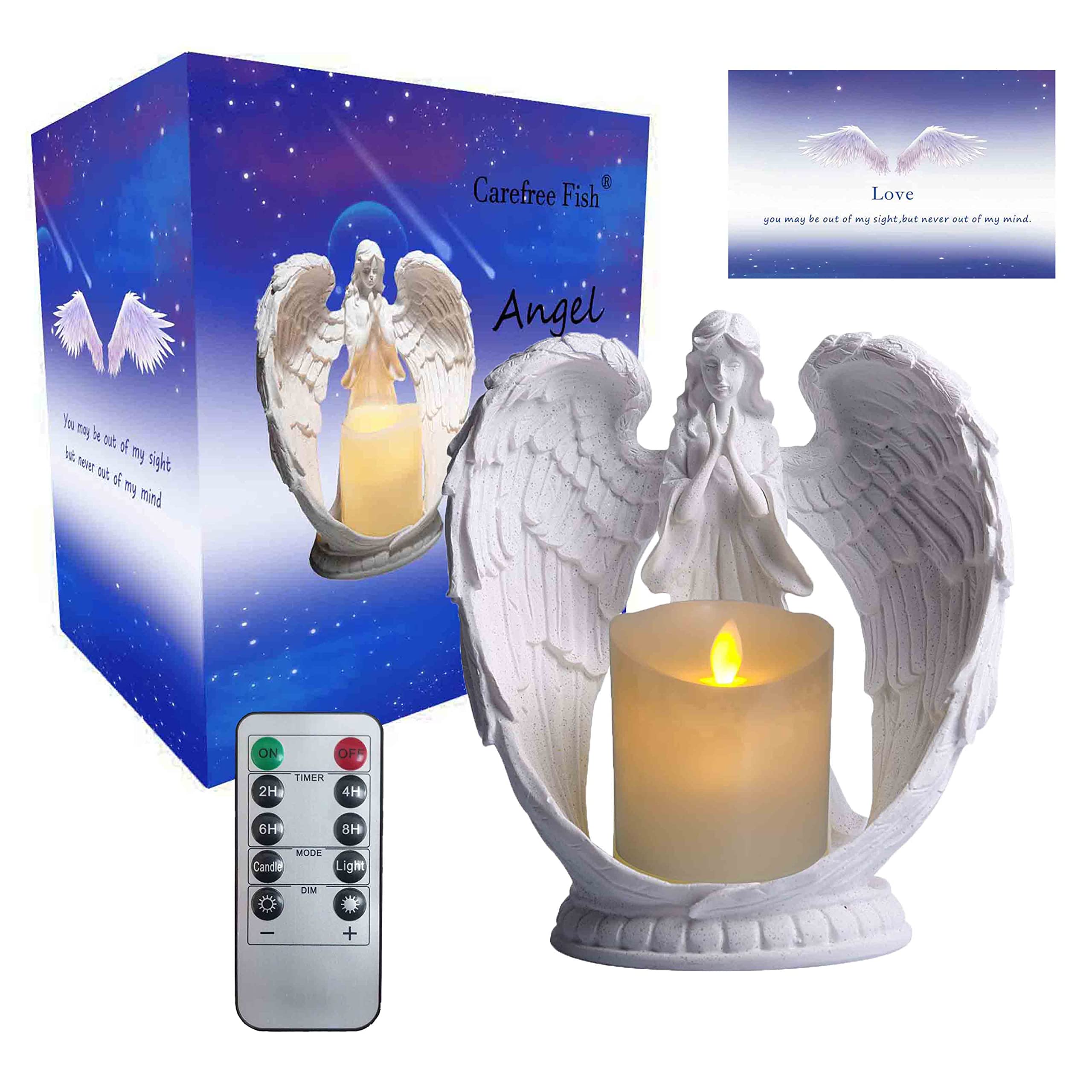 Carefree Fish Starry Sky White Angel Wing Praying Sandstone Statue Angel Figurine Prayer Home Decor Memorial LED Candle Holder 9Inch (Remote Control, with Timing Function.)