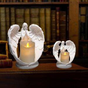 Carefree Fish Starry Sky White Angel Wing Praying Sandstone Statue Angel Figurine Prayer Home Decor Memorial LED Candle Holder 9Inch (Remote Control, with Timing Function.)