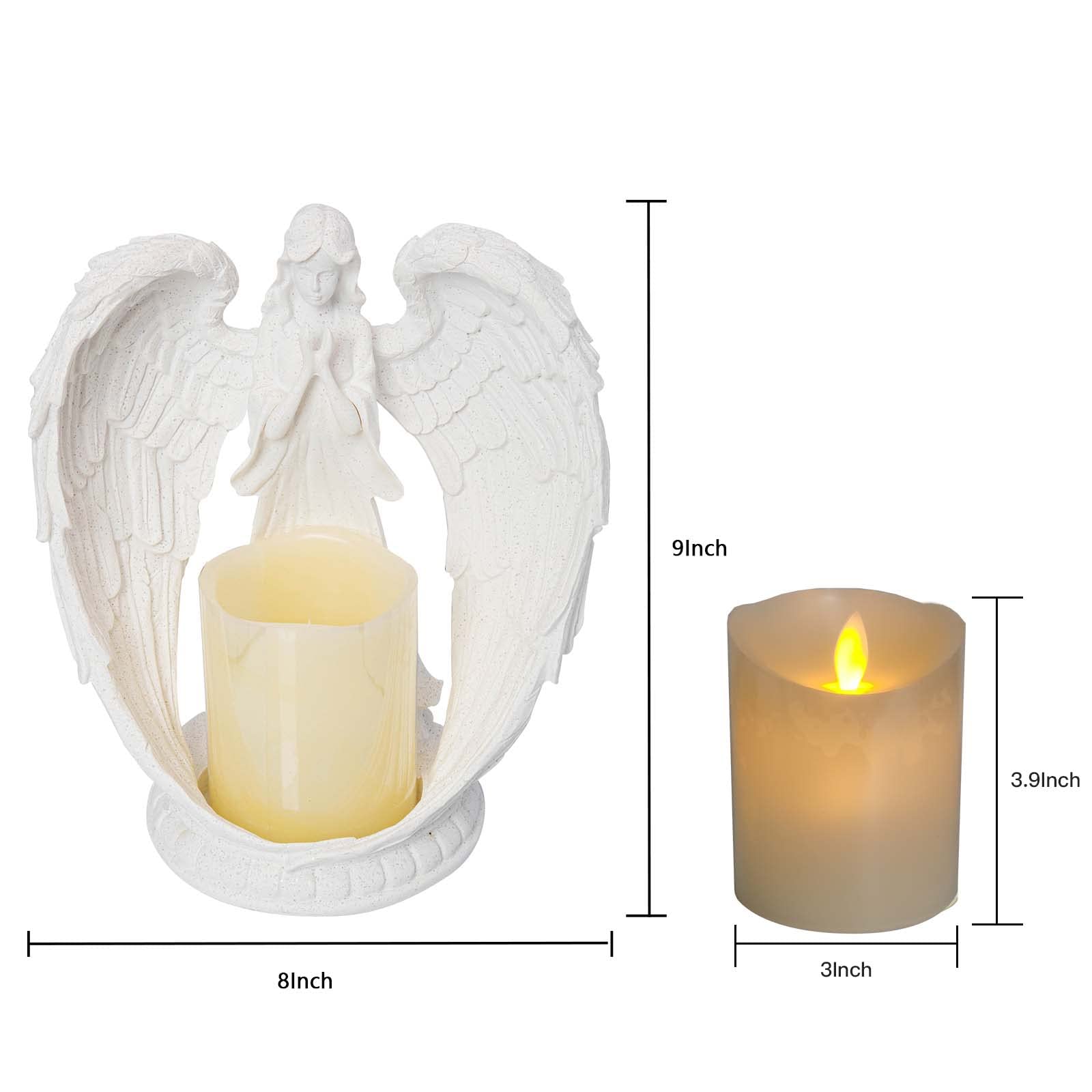 Carefree Fish Starry Sky White Angel Wing Praying Sandstone Statue Angel Figurine Prayer Home Decor Memorial LED Candle Holder 9Inch (Remote Control, with Timing Function.)