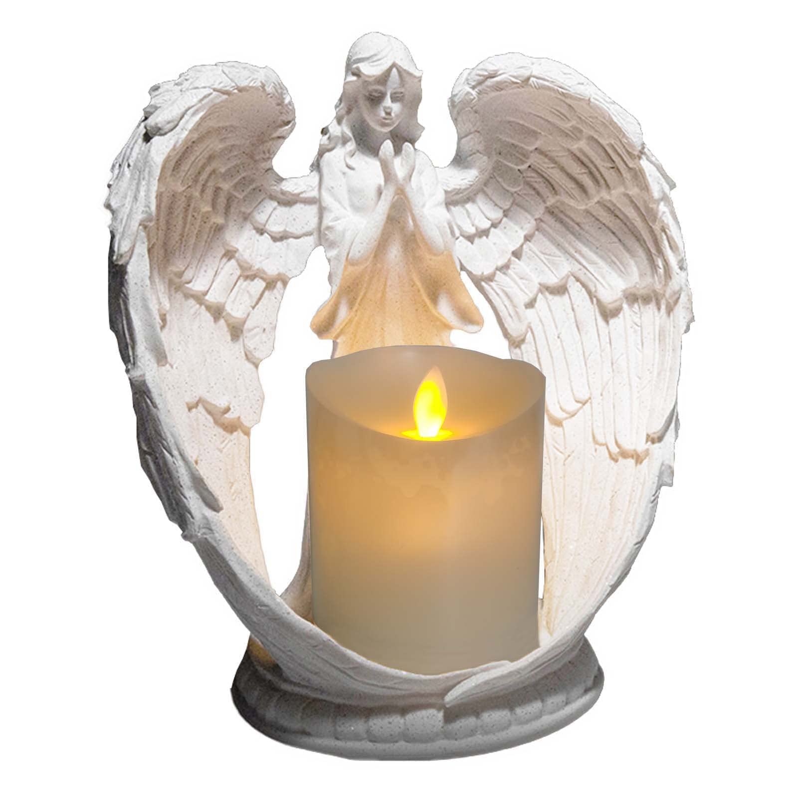 Carefree Fish Starry Sky White Angel Wing Praying Sandstone Statue Angel Figurine Prayer Home Decor Memorial LED Candle Holder 9Inch (Remote Control, with Timing Function.)