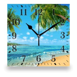 xiageana coastal beach wall clock, white, analog, 10 inch square, silent non-ticking wooden desk clock battery operated, perfect for home living room kitchen