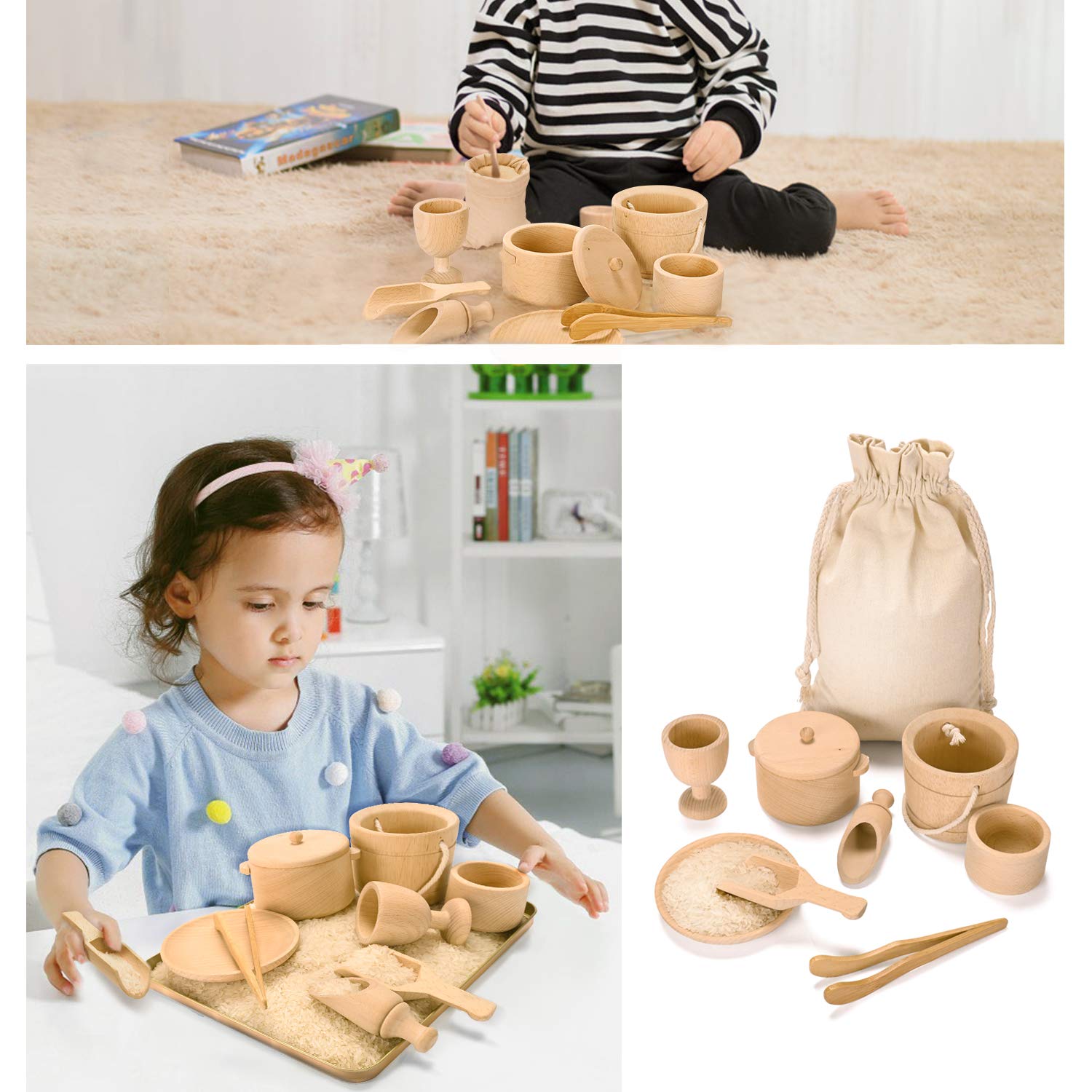 MONT PLEASANT Montessori Toys Sensory Bin Toys for Toddlers Set of 9 Wooden Waldorf Toys Wooden Scoops and Tongs for Transfer Work and Fine Motor Skills Development