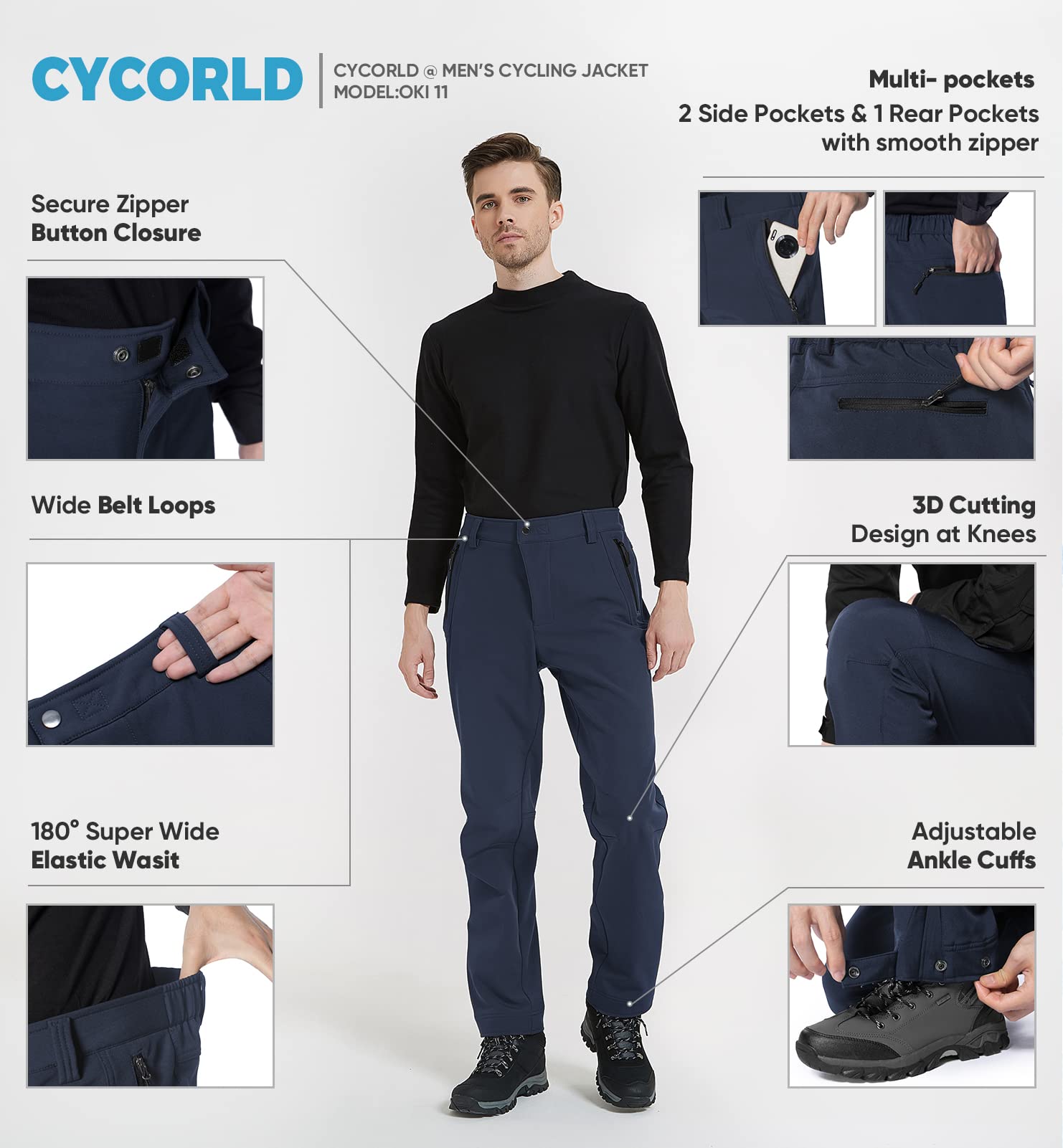 Cycorld Men's-Ski-Hiking-Pants, Water Resistance Windproof Fleece-Lined Winter Pant Snow-Snowboard-Insulated-Pants(Black, Large)