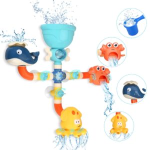 bath toys for toddlers kids 1 2 3 4 5 years old boys and girls, bathtub toy baby bathing diy pipes tubes with spinning waterfall water spout color box