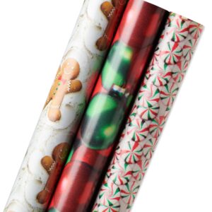 American Greetings 120 sq. ft. Vintage Christmas Wrapping Paper Bundle, Gingerbread, Ornaments, Peppermints (3 Extra Wide Rolls 40 in. x 12 ft.)