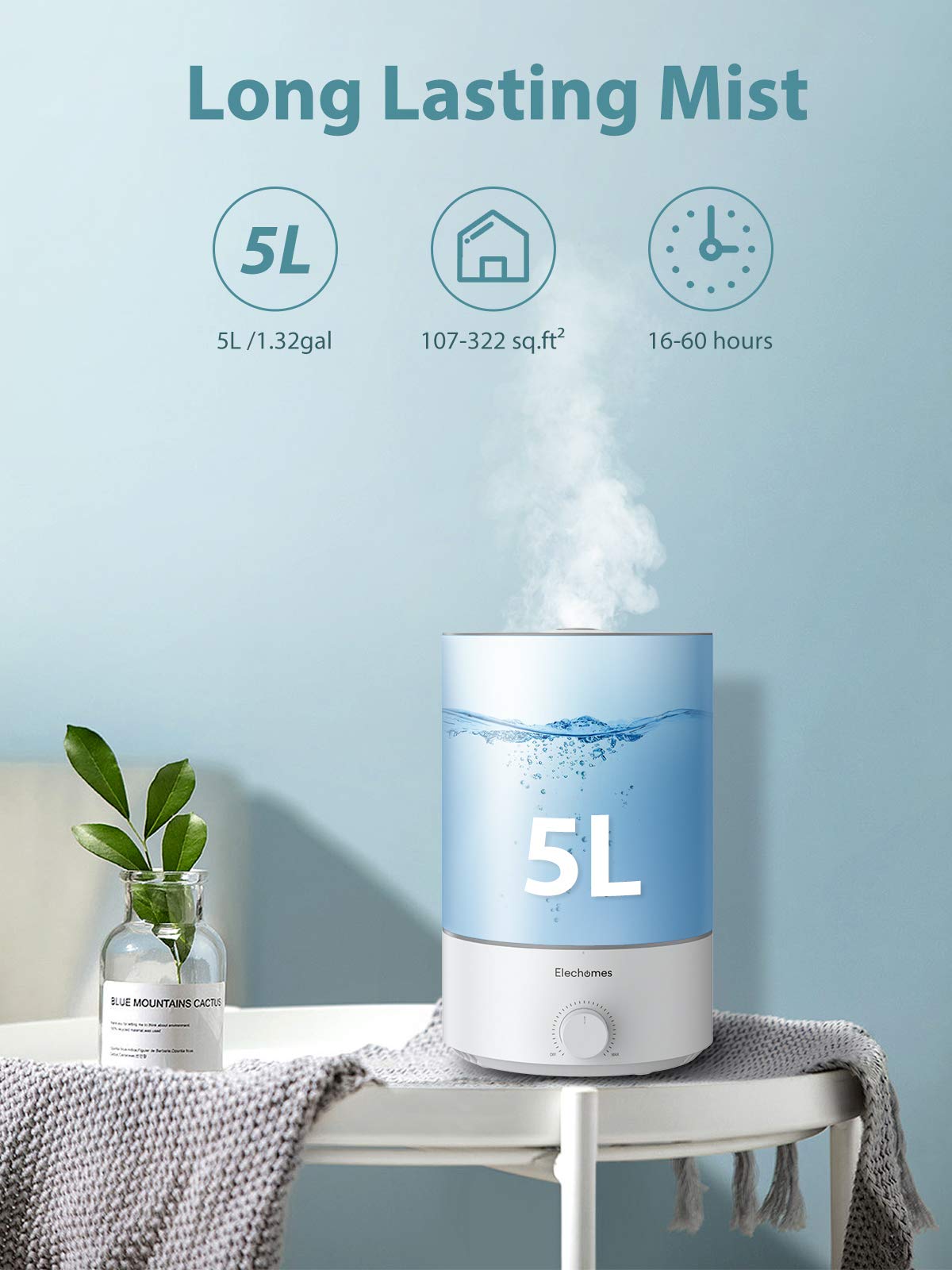 Elechomes 5L(1.32Gal) Cool Mist Humidifier & Essential Oil Diffuser Combo, Top Fill Ultrasonic Humidifiers for Bedroom, Baby Nursery Room and Office, Whisper-Quiet, 360° Nozzle, Auto Shut-Off Timer