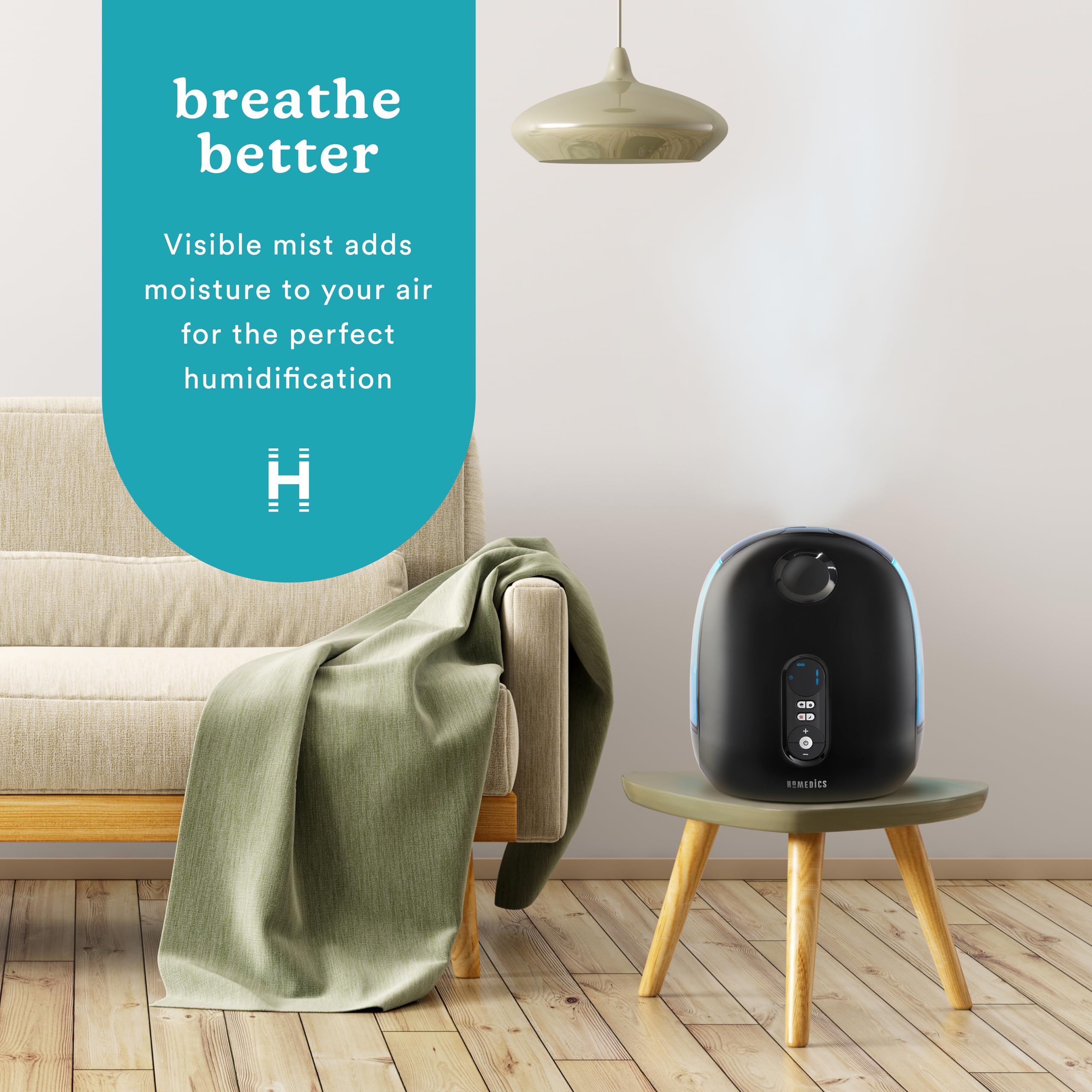 Homedics TotalComfort Deluxe Humidifier – Large Air Humidifiers for Bedroom, Plants – Top-Fill Dual 3.8L Water Tanks with Cool and Warm Mist, Essential Oil Pads, Colored Night-Light, Black