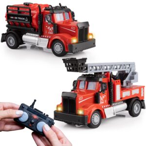 force1 mini rc firetrucks toys for kids - 2 pack remote control kid fire truck toy set with mini water tank and boom toy fire trucks for boys or girls, rechargeable 2.4ghz remote firetruck with lights