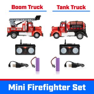 Force1 Mini RC Firetrucks Toys for Kids - 2 Pack Remote Control Kid Fire Truck Toy Set with Mini Water Tank and Boom Toy Fire Trucks for Boys or Girls, Rechargeable 2.4GHz Remote Firetruck with Lights