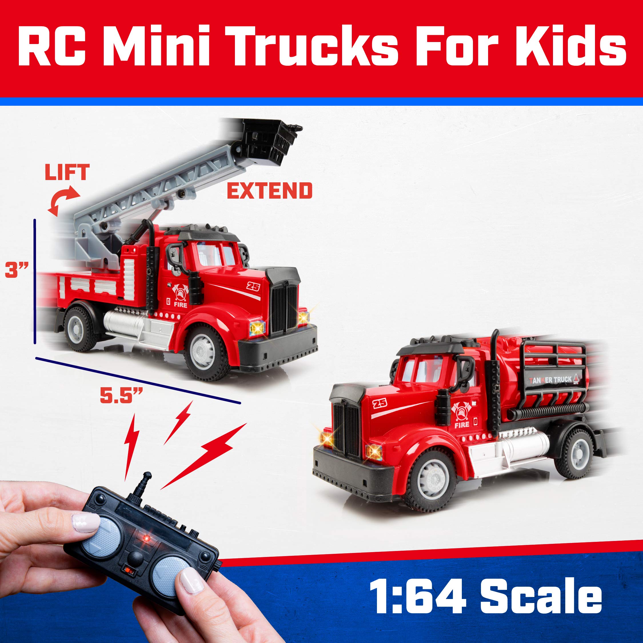 Force1 Mini RC Firetrucks Toys for Kids - 2 Pack Remote Control Kid Fire Truck Toy Set with Mini Water Tank and Boom Toy Fire Trucks for Boys or Girls, Rechargeable 2.4GHz Remote Firetruck with Lights