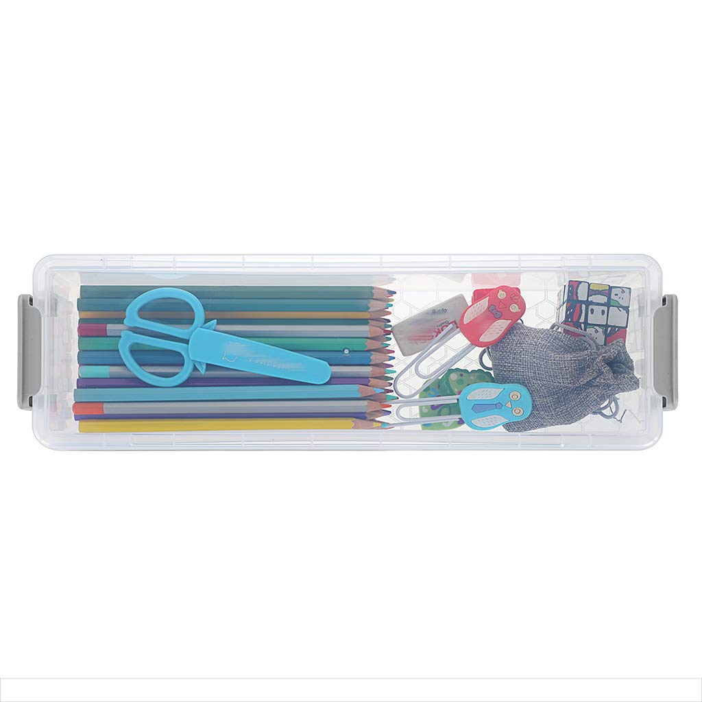 BTSKY Long Plastic Stackable Box Home, Office Supplies Storage Organizer Box Pencil Box Plastic Organizer Holder for Gel Pens Erasers Tape Pens Pencils Markers etc- 3 Pack - Clear with Grey Clip