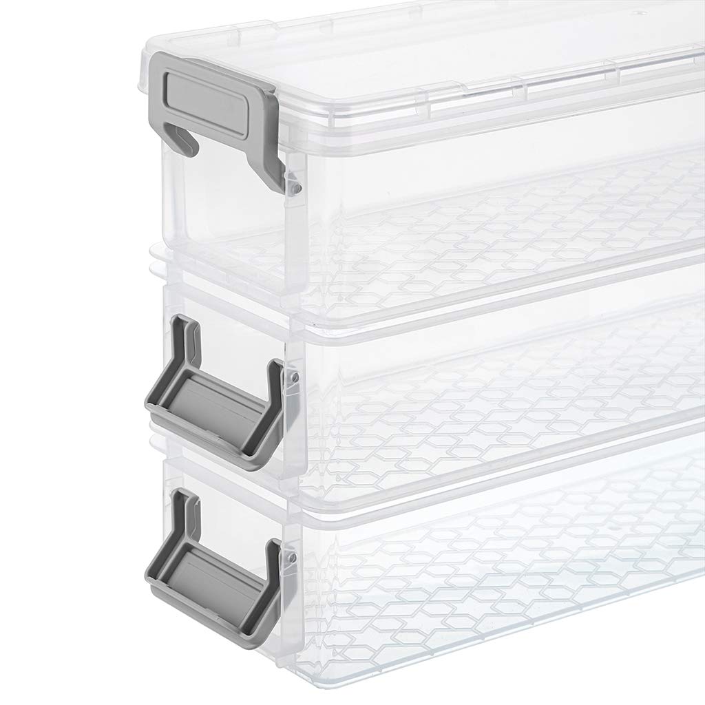 BTSKY Long Plastic Stackable Box Home, Office Supplies Storage Organizer Box Pencil Box Plastic Organizer Holder for Gel Pens Erasers Tape Pens Pencils Markers etc- 3 Pack - Clear with Grey Clip