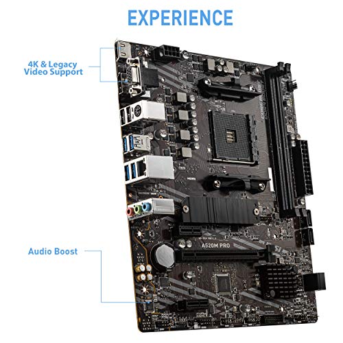 MSI A520M PRO Gaming Motherboard (AMD AM4, DDR4, PCIe 4.0, SATA 6Gb/s, Dual M.2, USB 3.2 Gen 1, HDMI/DP, Micro-ATX)