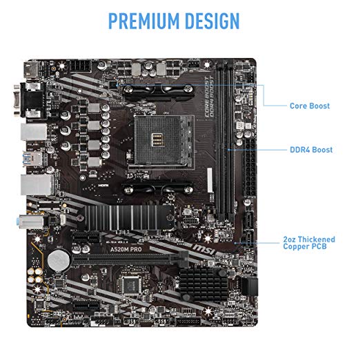 MSI A520M PRO Gaming Motherboard (AMD AM4, DDR4, PCIe 4.0, SATA 6Gb/s, Dual M.2, USB 3.2 Gen 1, HDMI/DP, Micro-ATX)