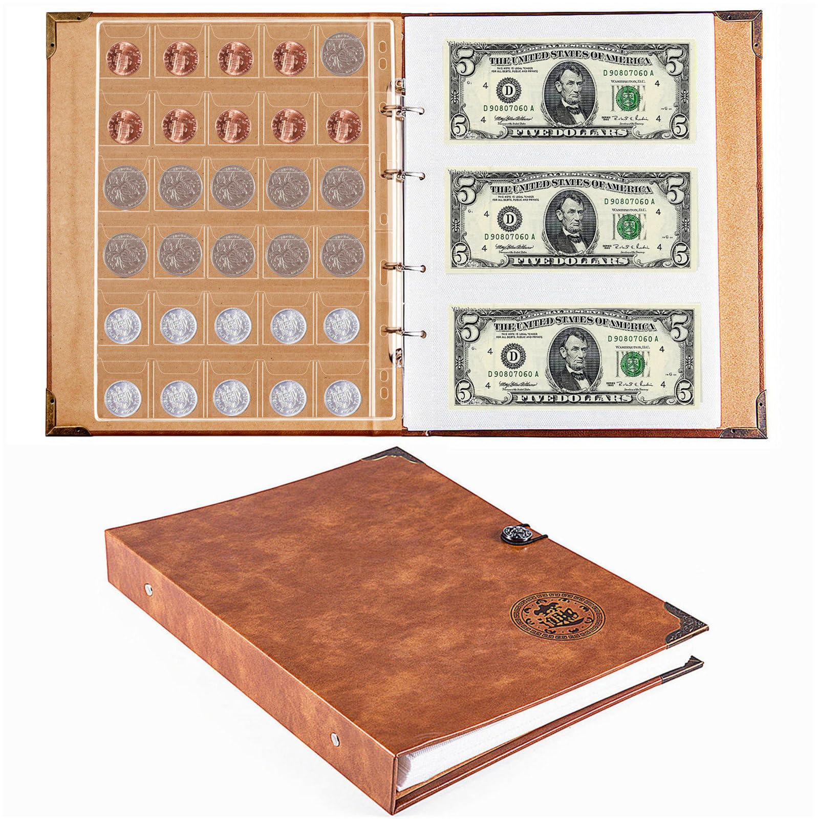 Ettonsun Coin Collection Book Holder for Collectors, 150 Pockets Coin Collecting Album & 240 Sleeves Paper Money Storage Case for Coin Currency Collection Supplies(150 coin pockets+240 bill pockets)