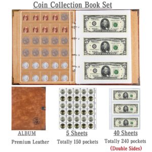 Ettonsun Coin Collection Book Holder for Collectors, 150 Pockets Coin Collecting Album & 240 Sleeves Paper Money Storage Case for Coin Currency Collection Supplies(150 coin pockets+240 bill pockets)