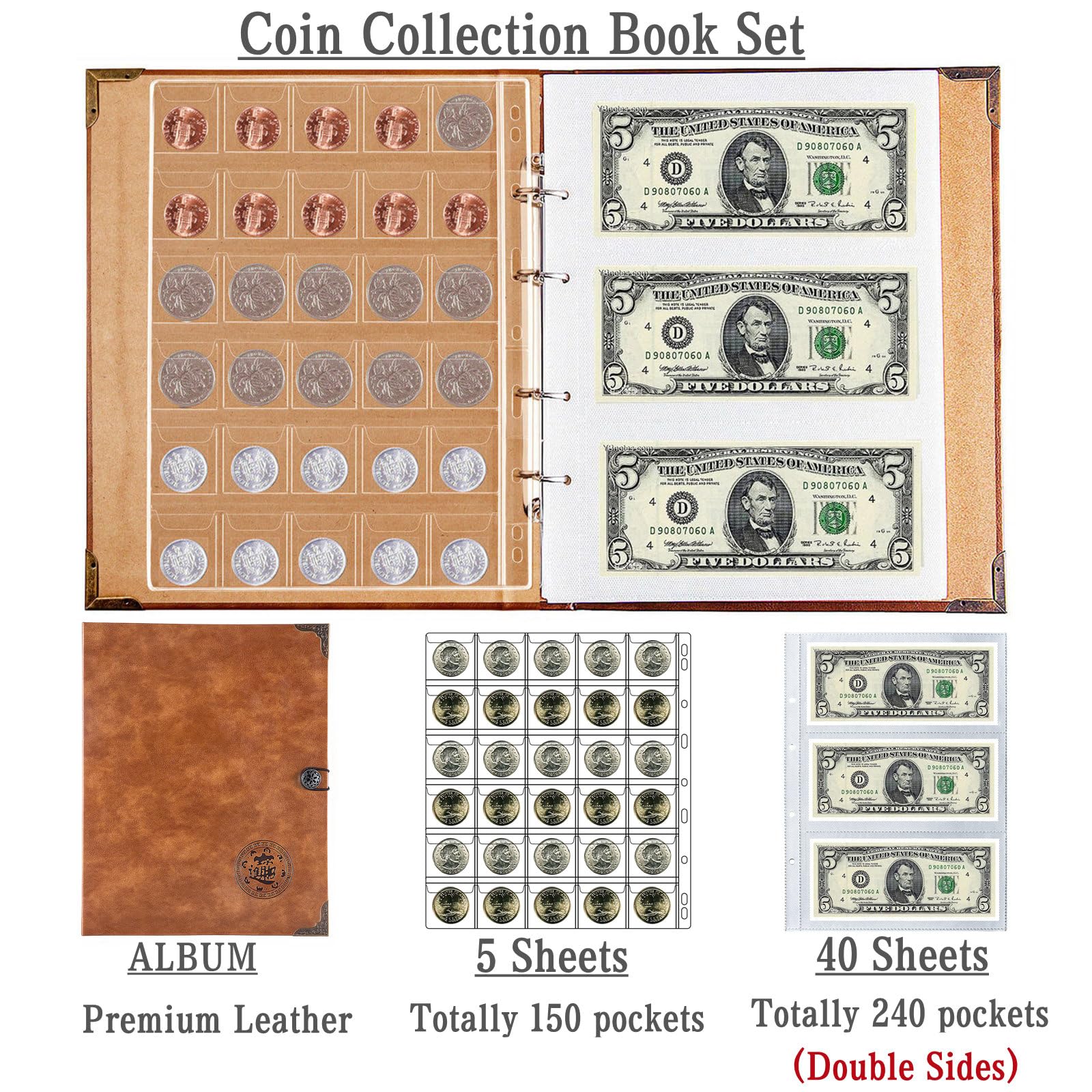 Ettonsun Coin Collection Book Holder for Collectors, 150 Pockets Coin Collecting Album & 240 Sleeves Paper Money Storage Case for Coin Currency Collection Supplies(150 coin pockets+240 bill pockets)