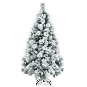 goplus 7ft snow flocked artificial christmas tree, premium hinged pine tree with metal stand, 100% new pvc material, unlit xmas tree for indoor and outdoor