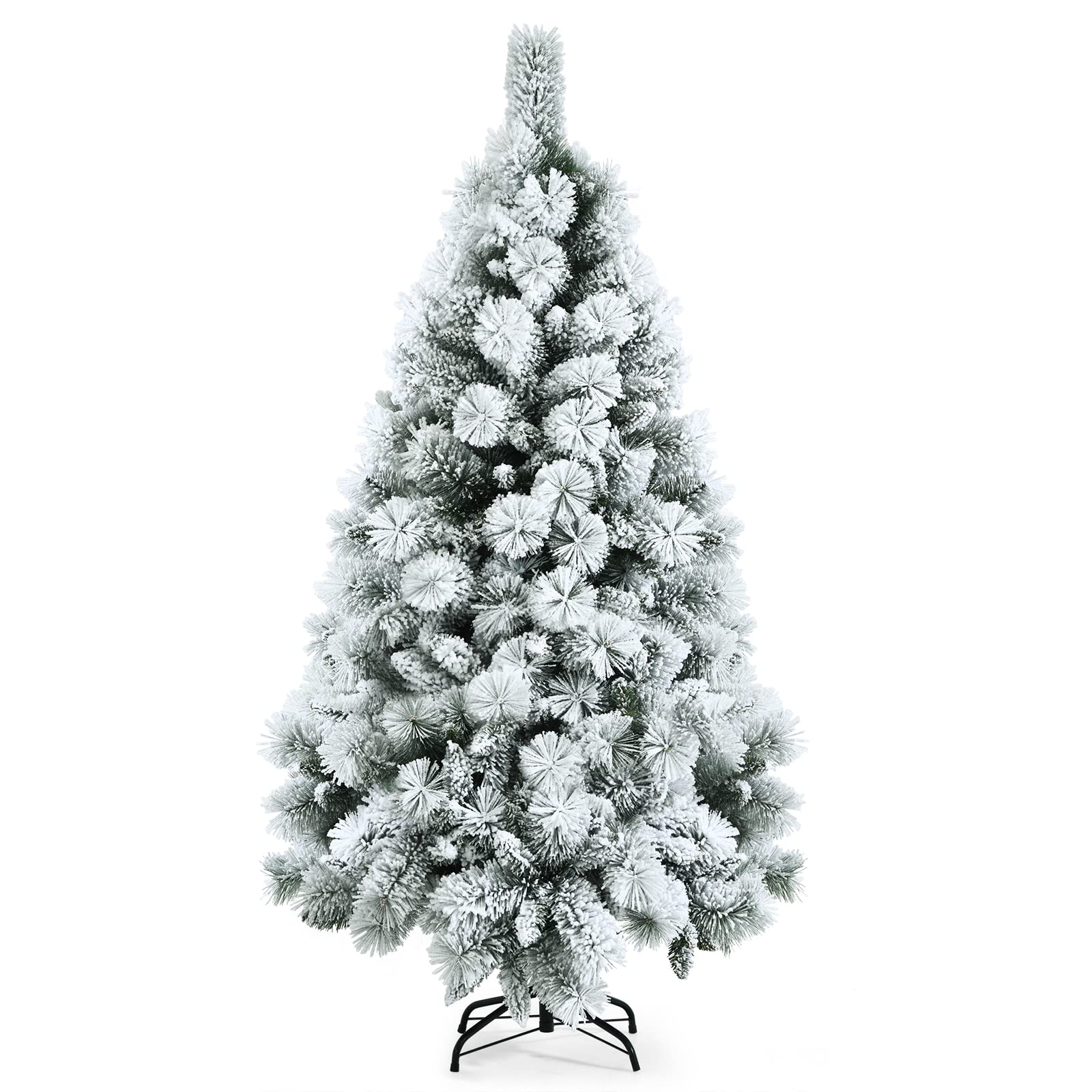 Goplus 7ft Snow Flocked Artificial Christmas Tree, Premium Hinged Pine Tree with Metal Stand, 100% New PVC Material, Unlit Xmas Tree for Indoor and Outdoor