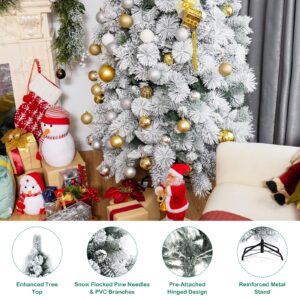 Goplus 7ft Snow Flocked Artificial Christmas Tree, Premium Hinged Pine Tree with Metal Stand, 100% New PVC Material, Unlit Xmas Tree for Indoor and Outdoor