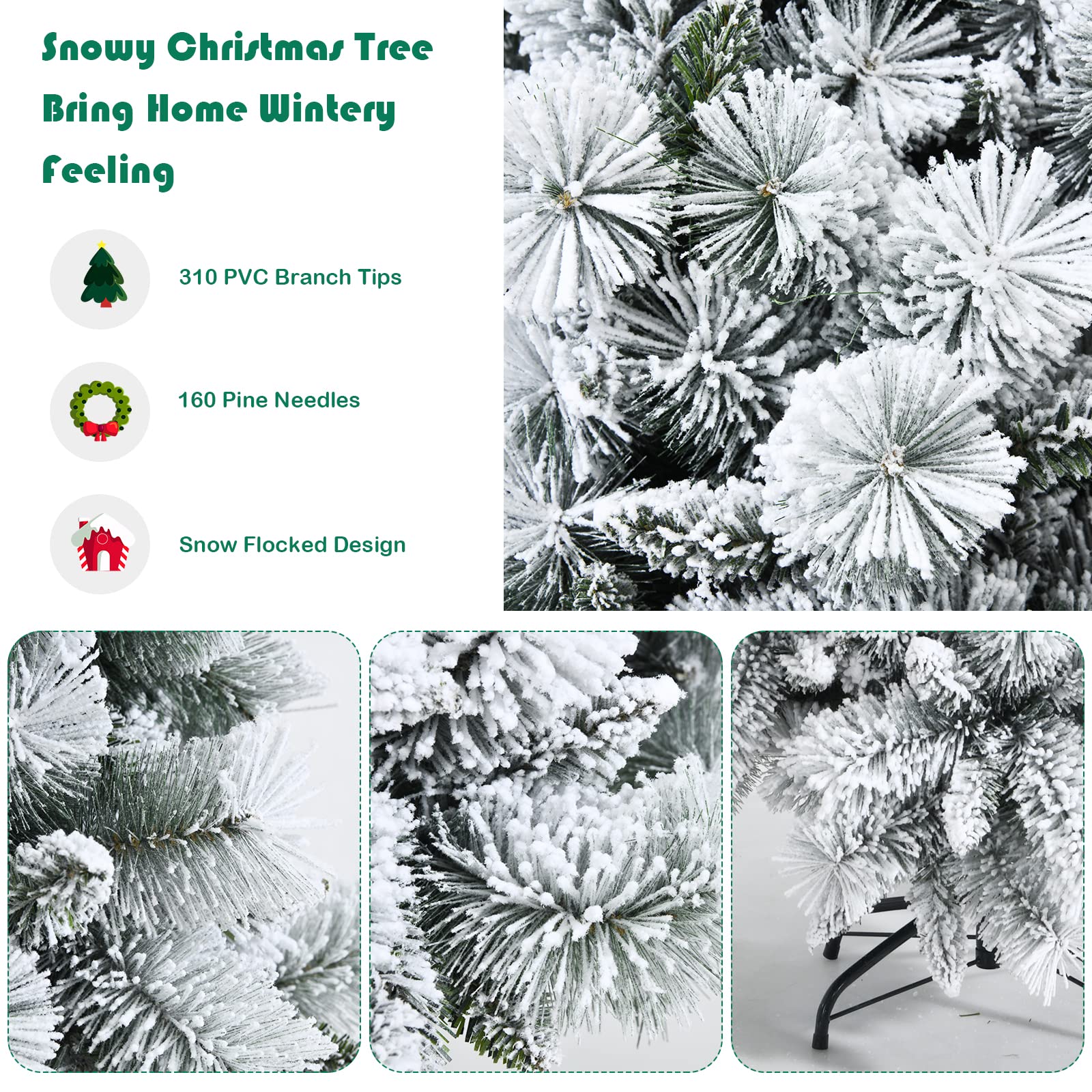 Goplus 7ft Snow Flocked Artificial Christmas Tree, Premium Hinged Pine Tree with Metal Stand, 100% New PVC Material, Unlit Xmas Tree for Indoor and Outdoor