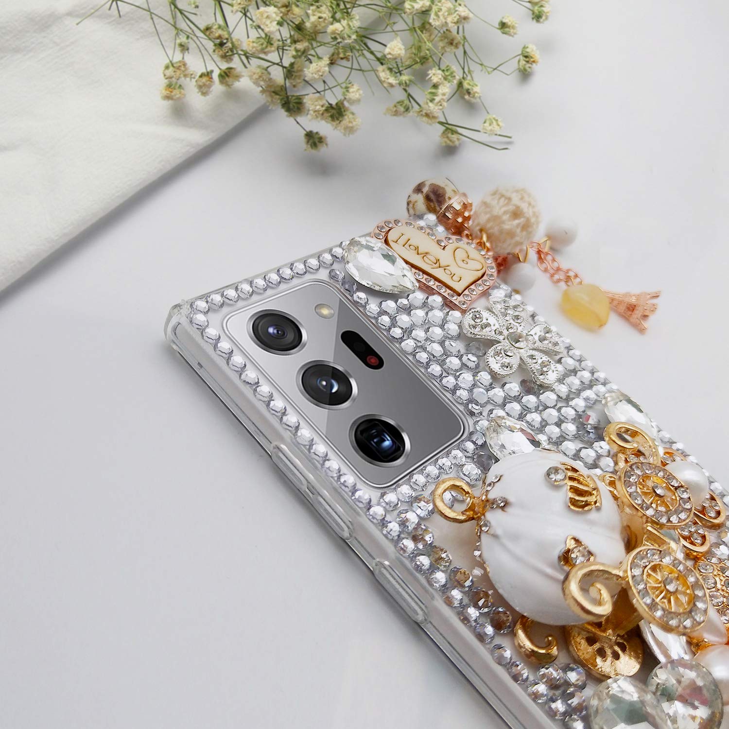 Guppy for Galaxy Note 20 Ultra Case Women Luxury 3D Bling Shiny Rhinestone Diamond Crystal Pearl Handmade Pendant Iron Tower Pumpkin Car Flowers Soft Protective Anti-fall Case for Galaxy Note 20 Ultra