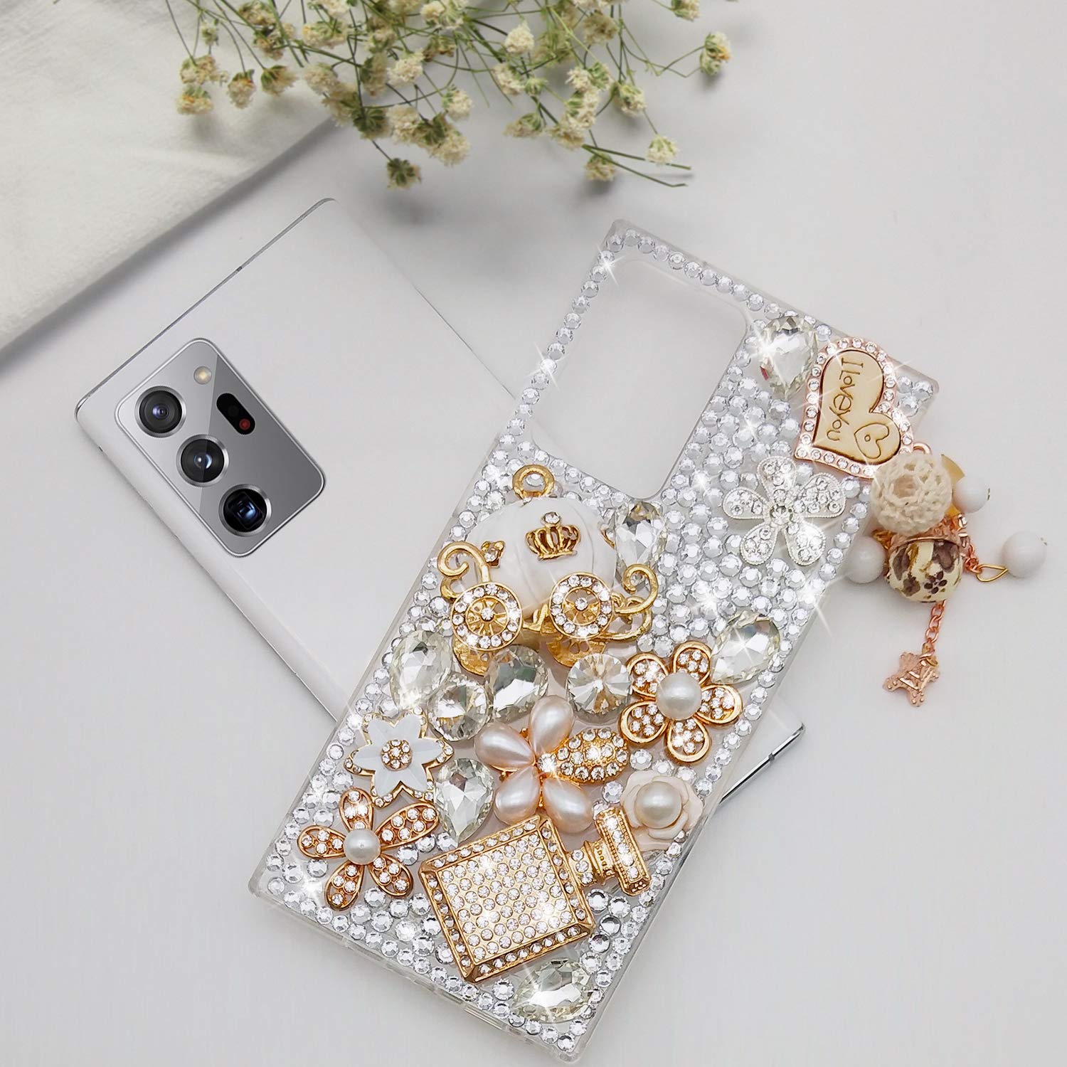 Guppy for Galaxy Note 20 Ultra Case Women Luxury 3D Bling Shiny Rhinestone Diamond Crystal Pearl Handmade Pendant Iron Tower Pumpkin Car Flowers Soft Protective Anti-fall Case for Galaxy Note 20 Ultra