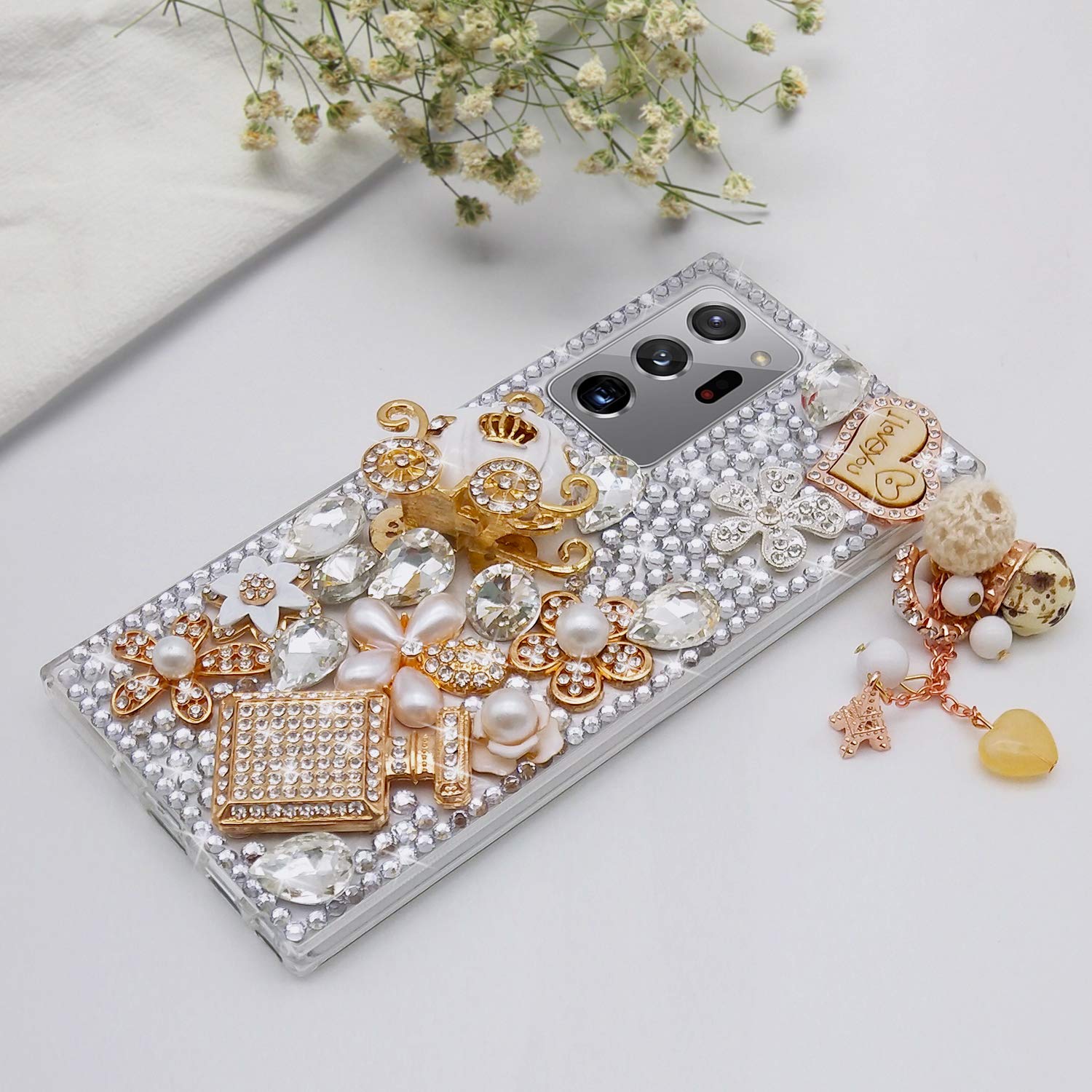 Guppy for Galaxy Note 20 Ultra Case Women Luxury 3D Bling Shiny Rhinestone Diamond Crystal Pearl Handmade Pendant Iron Tower Pumpkin Car Flowers Soft Protective Anti-fall Case for Galaxy Note 20 Ultra