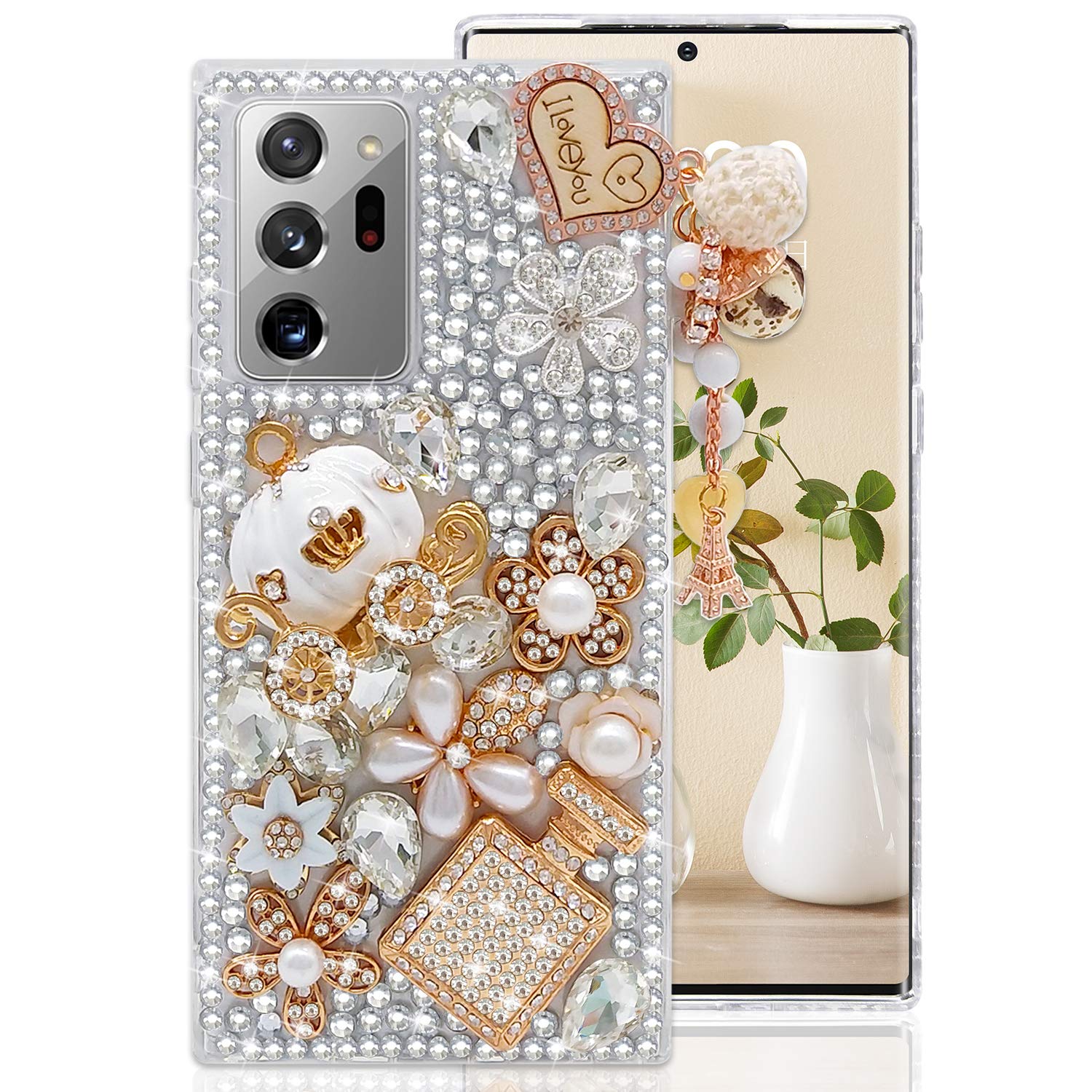 Guppy for Galaxy Note 20 Ultra Case Women Luxury 3D Bling Shiny Rhinestone Diamond Crystal Pearl Handmade Pendant Iron Tower Pumpkin Car Flowers Soft Protective Anti-fall Case for Galaxy Note 20 Ultra