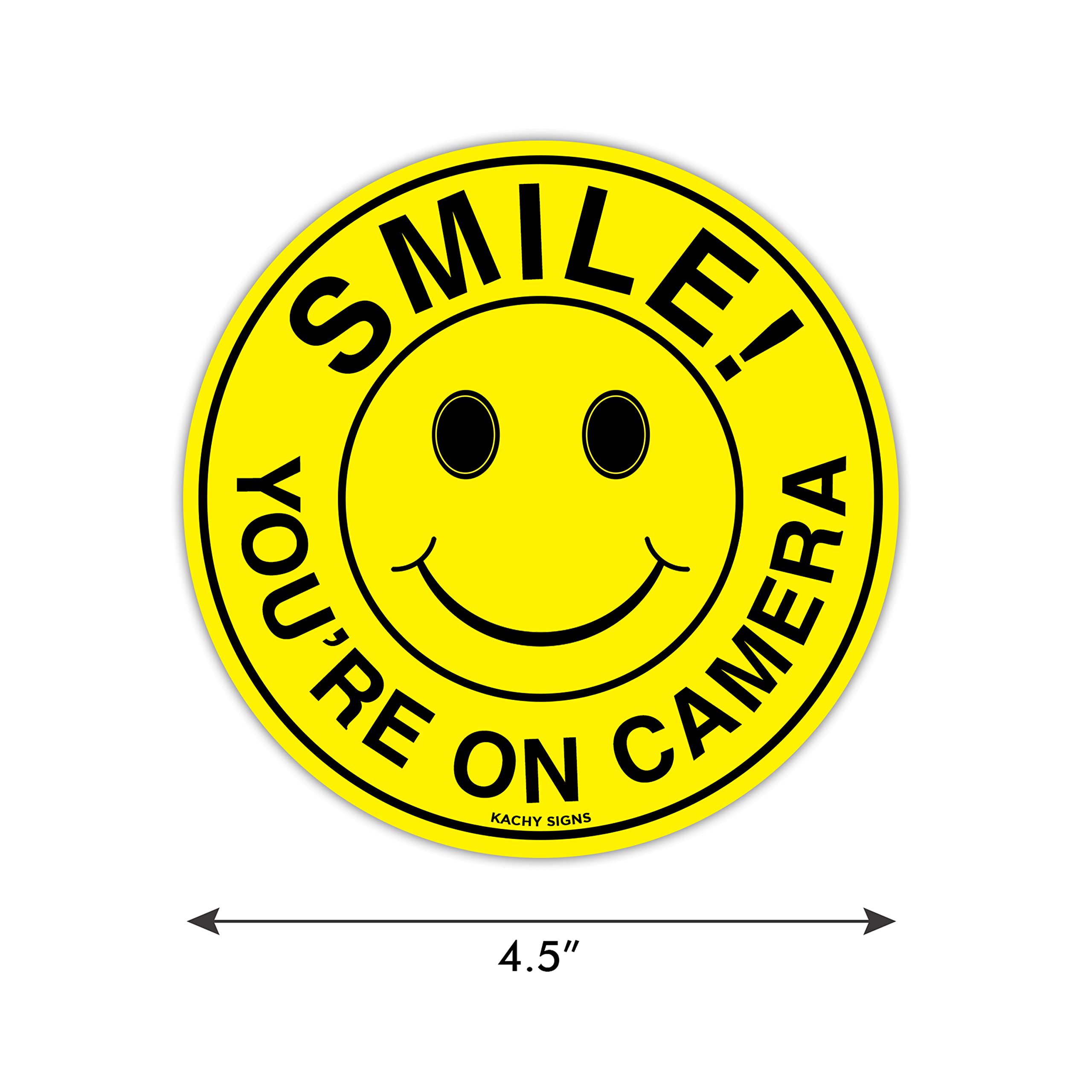 (Set of 5) Smile You're On Camera Sign - 4.5" Circle - 4 Mil Vinyl - Laminated for Ultimate Protection & Durability - Self Adhesive Decal - UV Protected & Weatherproof - Heavy Duty