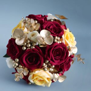 Abbie Home Burgundy & Gold Bridal Wedding Bouquet - Real Touch Silk Rose in Champagne with Gold Beads Eucalyptus Decoration for Wedding Vow Renewal