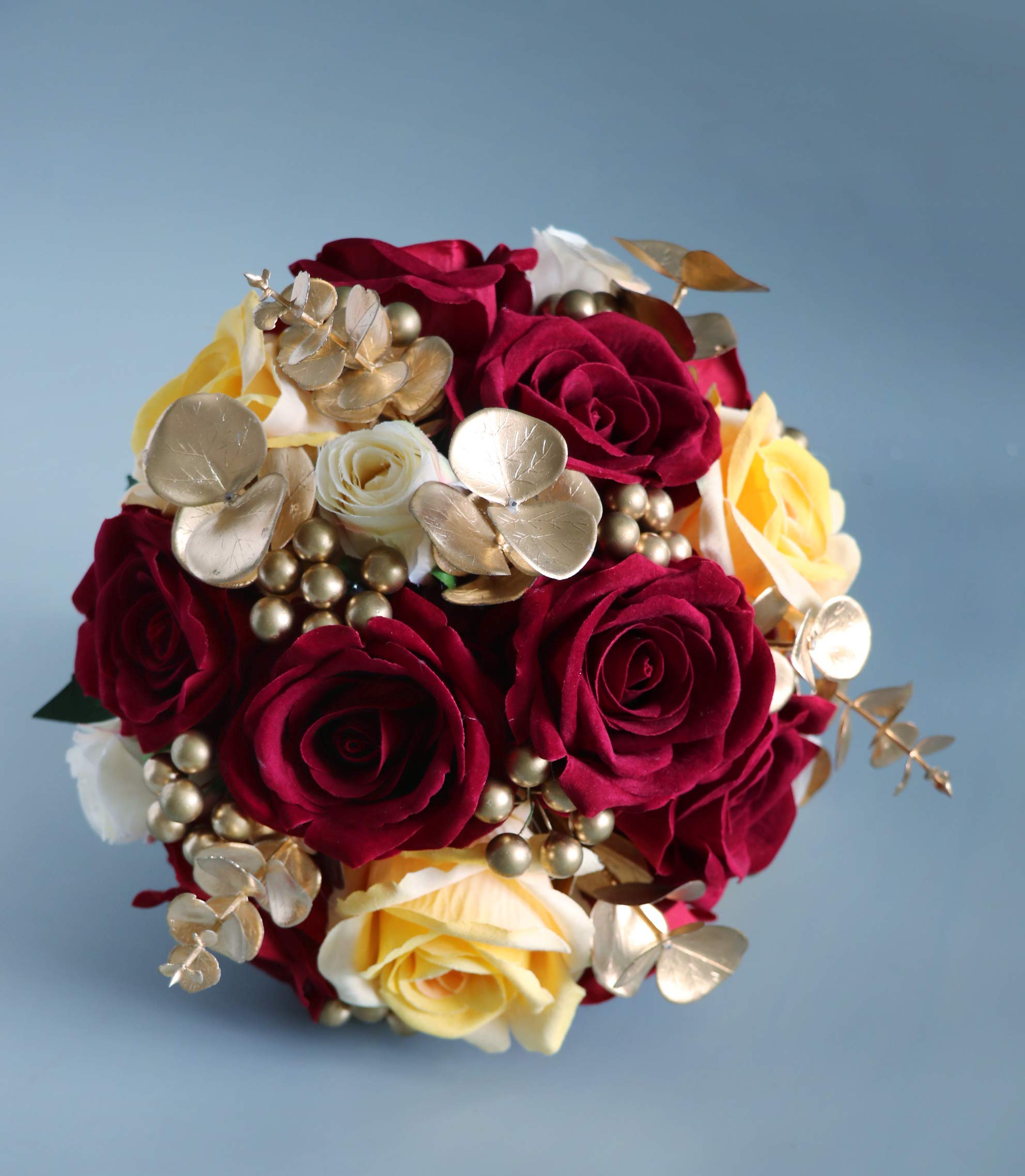 Abbie Home Burgundy & Gold Bridal Wedding Bouquet - Real Touch Silk Rose in Champagne with Gold Beads Eucalyptus Decoration for Wedding Vow Renewal