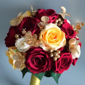 Abbie Home Burgundy & Gold Bridal Wedding Bouquet - Real Touch Silk Rose in Champagne with Gold Beads Eucalyptus Decoration for Wedding Vow Renewal