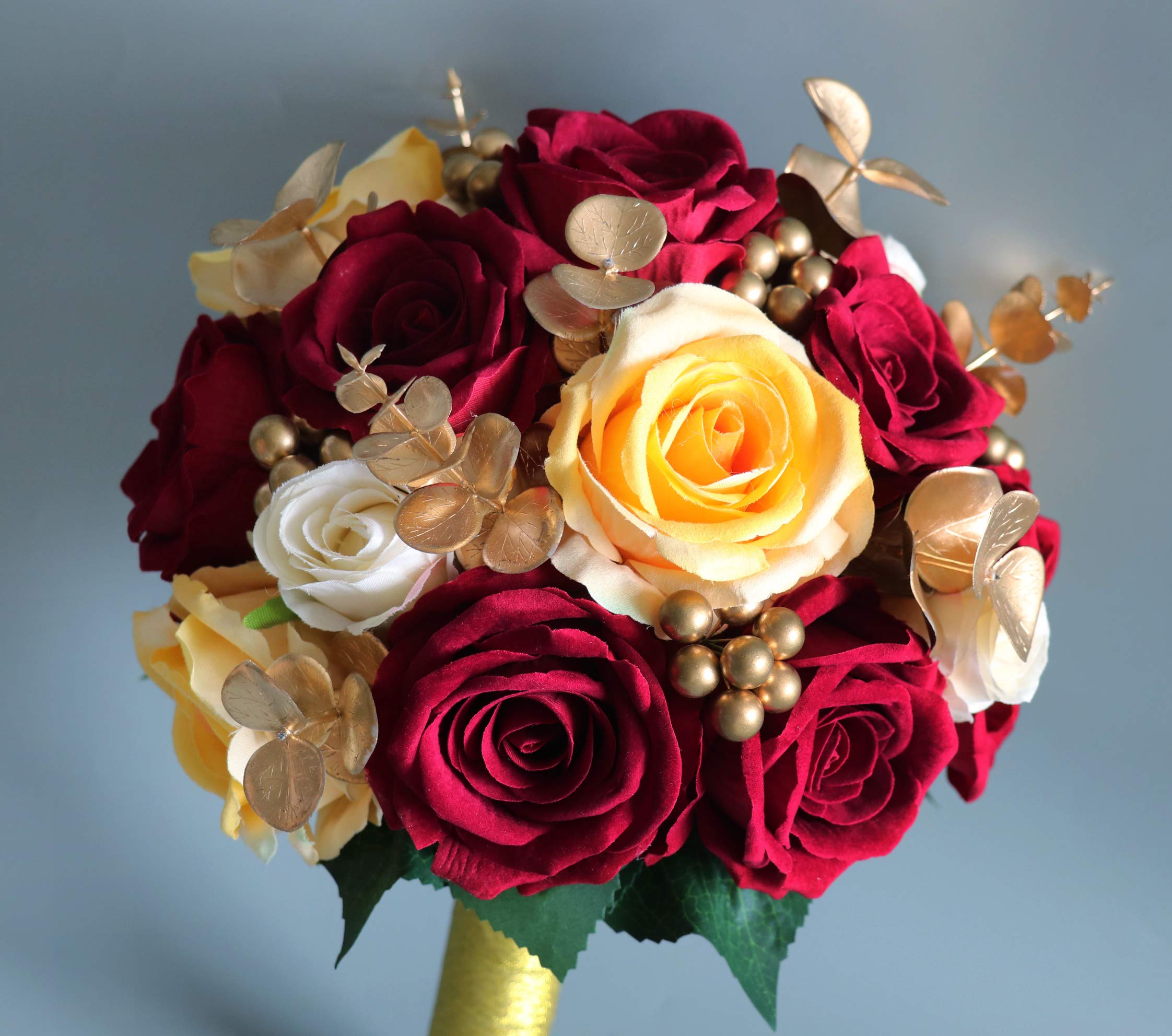 Abbie Home Burgundy & Gold Bridal Wedding Bouquet - Real Touch Silk Rose in Champagne with Gold Beads Eucalyptus Decoration for Wedding Vow Renewal