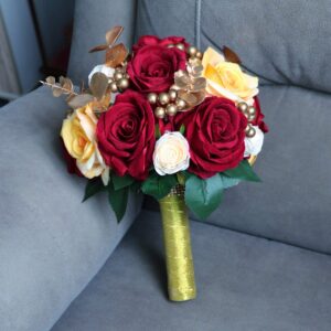 Abbie Home Burgundy & Gold Bridal Wedding Bouquet - Real Touch Silk Rose in Champagne with Gold Beads Eucalyptus Decoration for Wedding Vow Renewal