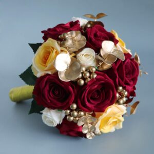 Abbie Home Burgundy & Gold Bridal Wedding Bouquet - Real Touch Silk Rose in Champagne with Gold Beads Eucalyptus Decoration for Wedding Vow Renewal