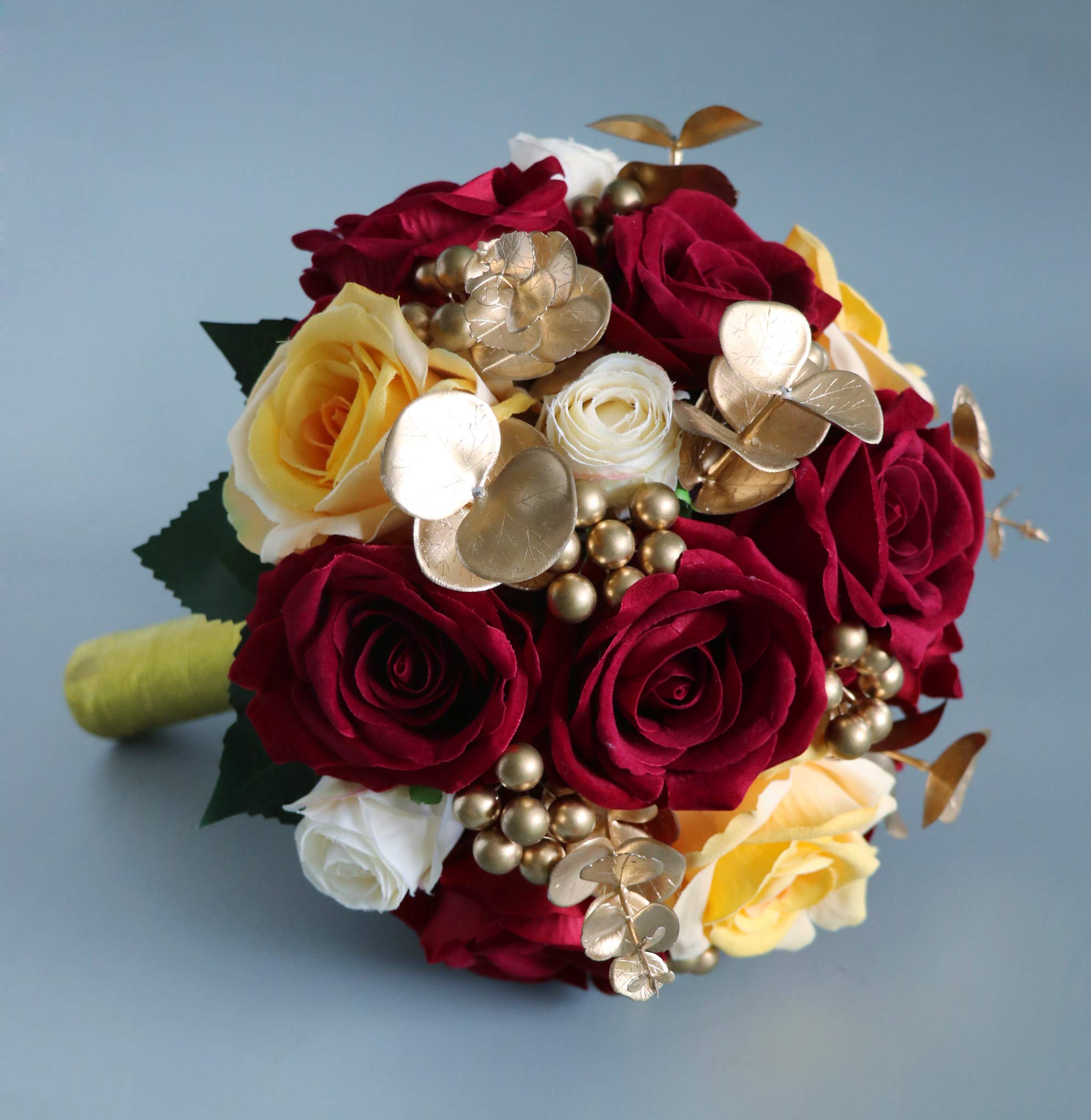 Abbie Home Burgundy & Gold Bridal Wedding Bouquet - Real Touch Silk Rose in Champagne with Gold Beads Eucalyptus Decoration for Wedding Vow Renewal