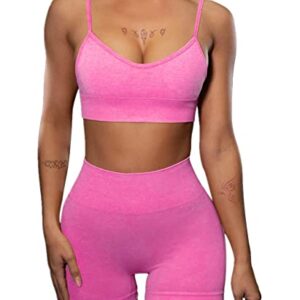 IWEMEK Workout Sets for Women Seamless 2 Piece Yoga Outfits Tummy Control High Waist Leggings Running Shorts with Adjustable Sport Bra Activewear Sets 01 Hot Pink Large