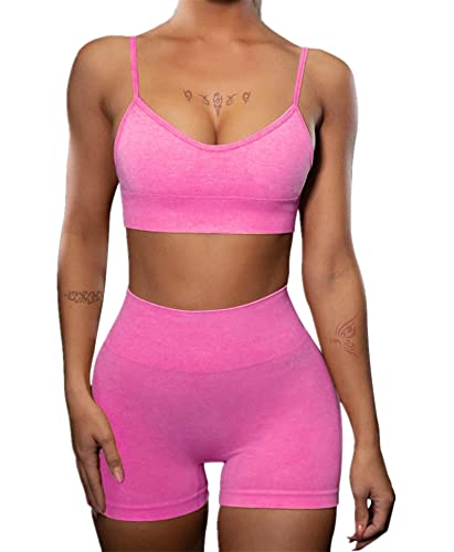 IWEMEK Workout Sets for Women Seamless 2 Piece Yoga Outfits Tummy Control High Waist Leggings Running Shorts with Adjustable Sport Bra Activewear Sets 01 Hot Pink Large